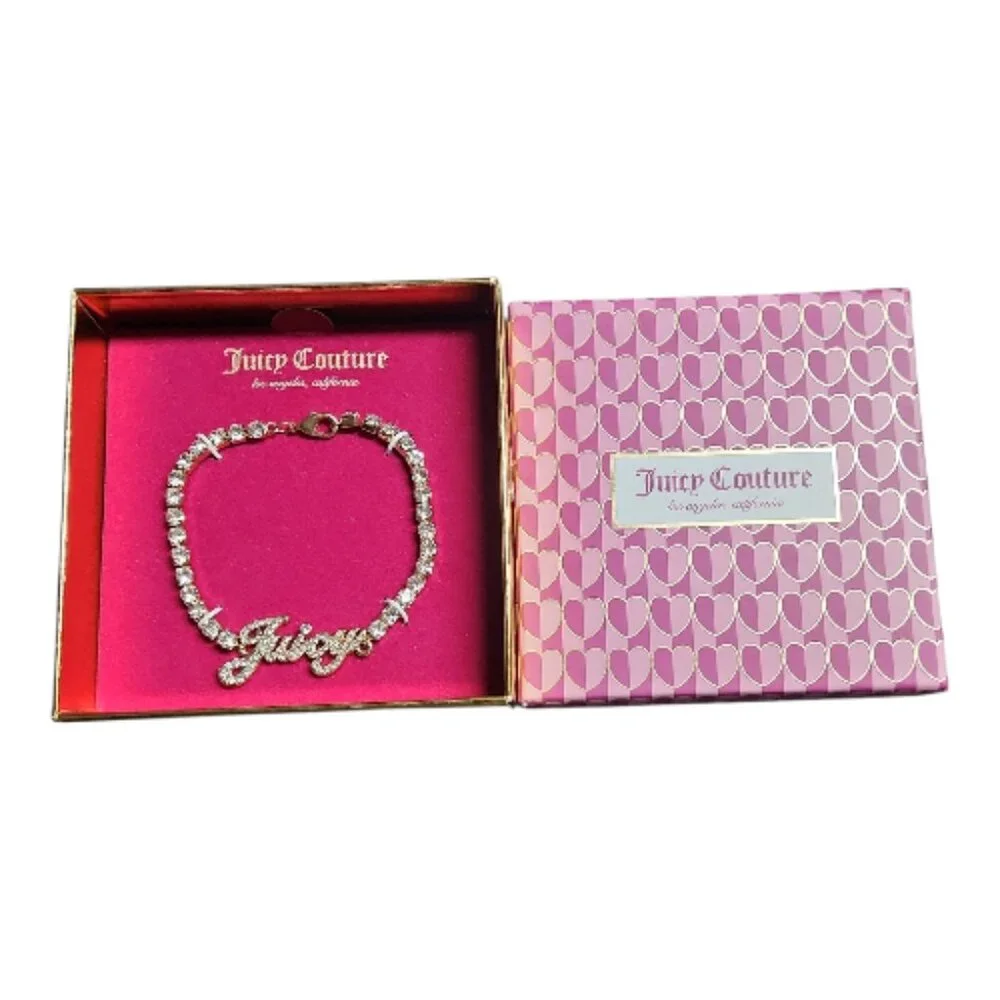 Juicy Couture NWT Crystal Tennis Bracelet with Signature Script Logo Charm - Picture 2 of 4